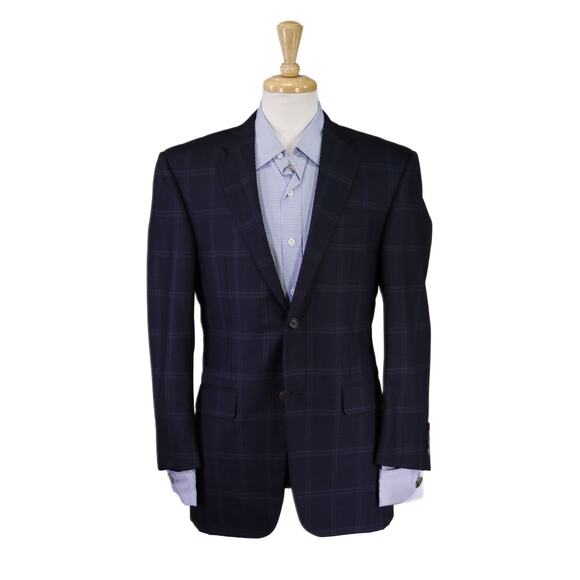 Hickey Freeman Navy Blue Windowpane Wool Silk 2-Btn Sportcoat Blazer 38R - Picture 1 of 8